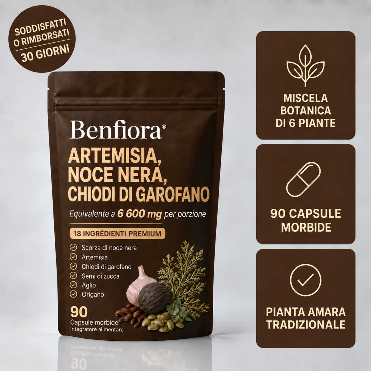 Complesso botanico 18 in 1 — Artemisia, noce nera e chiodi di garofano — Benfiora — Immagine 1