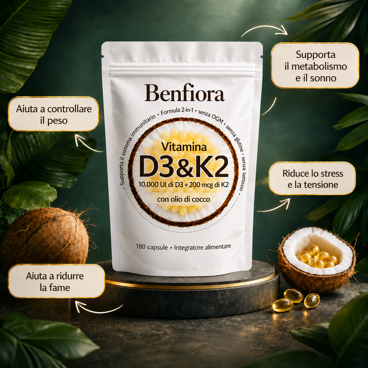 Vitamina D3 + K2 — Scorta di 6 mesi — Benfiora — Immagine 2